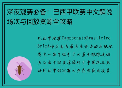 深夜观赛必备：巴西甲联赛中文解说场次与回放资源全攻略