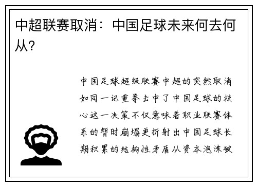 中超联赛取消：中国足球未来何去何从？